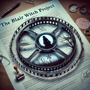 een filmrol die verweven is met juridische documenten en contracten. met de tekst "The Blair Witch Project"