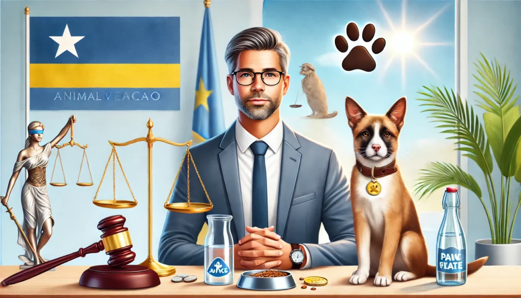 Illustratie voor een blogpost over de nieuwe wet op dierenwelzijn op Curaçao, met een goed verzorgde hond met halsband en ID-tag, een kalme kat en een verantwoordelijke eigenaar die voedsel en water verstrekt. In de achtergrond zijn symbolen van de wet te zien, zoals een hamer, een weegschaal van justitie en een document met een pootafdrukzegel. De setting toont een schone en georganiseerde thuisomgeving met palmbomen en een heldere zonnige lucht. De officiële vlag van Curaçao is prominent aanwezig met de tekst 'Animal Welfare Law'