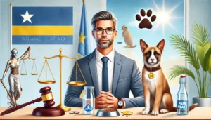 Illustratie voor een blogpost over de nieuwe wet op dierenwelzijn op Curaçao, met een goed verzorgde hond met halsband en ID-tag, een kalme kat en een verantwoordelijke eigenaar die voedsel en water verstrekt. In de achtergrond zijn symbolen van de wet te zien, zoals een hamer, een weegschaal van justitie en een document met een pootafdrukzegel. De setting toont een schone en georganiseerde thuisomgeving met palmbomen en een heldere zonnige lucht. De officiële vlag van Curaçao is prominent aanwezig met de tekst 'Animal Welfare Law'