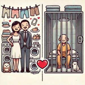 Humoristische illustratie die huwelijk vergelijkt met levenslange gevangenisstraf, met een glimlachend getrouwd stel omringd door huishoudelijke taken en een persoon achter tralies in een gevangeniscel, verbonden door een hart symbool.