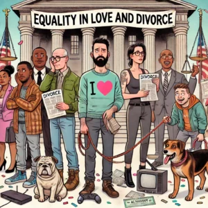 Humoristische illustratie van diverse groep mensen, inclusief gelijkgeslachtelijke en heteroseksuele koppels, voor een gerechtsgebouw, met items zoals scheidingspapieren en alimoniecheques.