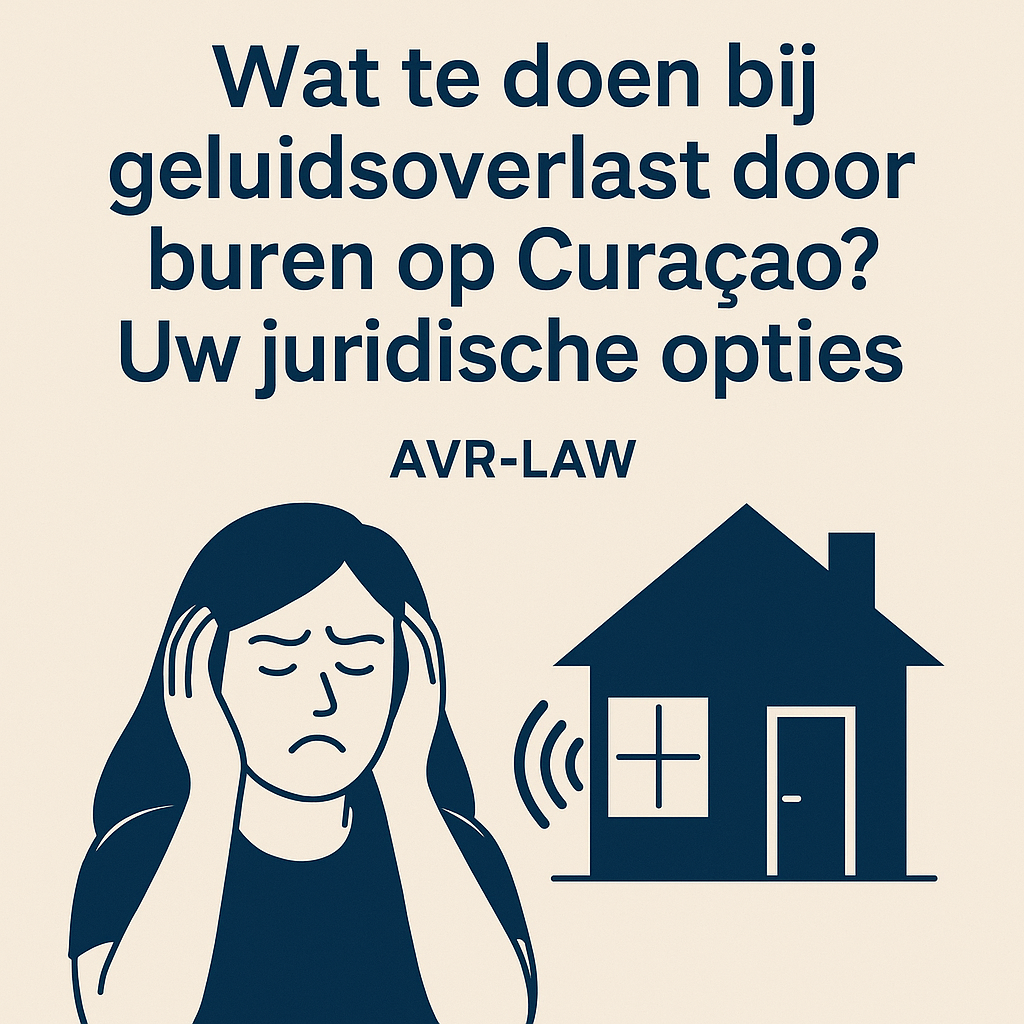 Illustratie bij blog van AVR-Law over geluidsoverlast door buren op Curaçao. Vrouw houdt oren dicht naast huis waar geluidsgolven uit komen.