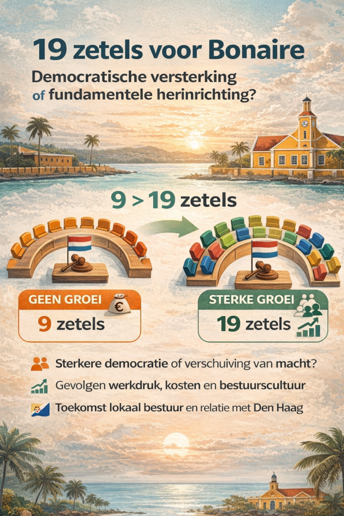 Infographic over het voorstel om de eilandsraad van Bonaire uit te breiden van 9 naar 19 zetels en de gevolgen voor democratie en bestuur.
